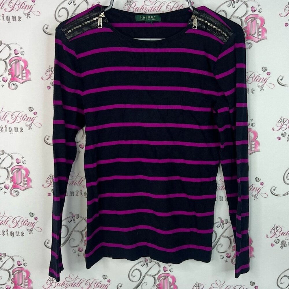 Ralph Lauren Black and Purple Striped Long Sleeve Top purple black navy